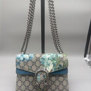 Gucci Dionysus GG Blooms Small Shoulder Bag Blue Floral Canvas Tiger Head